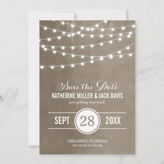 Taupe Slingerlichten Save the Date Aankondiging (Voorkant)