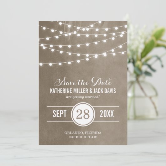 Taupe Slingerlichten Save the Date Aankondiging (Staand voorkant)
