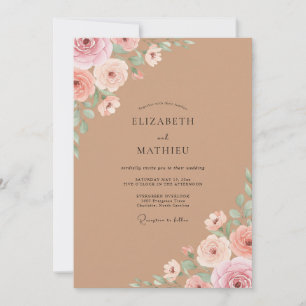 Taupe Stof Pink Blad Eucalyptus Bruiloft Kaart