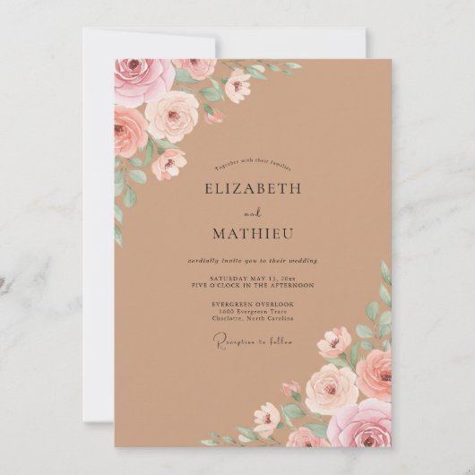 Taupe Stof Pink Blad Eucalyptus Bruiloft Kaart (Voorkant)