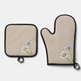 Taupe Streep Watercolor Madeliefjes Cottage  Ovenwant & Pannenlap Set