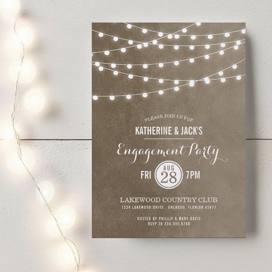 Taupe String Lights Engagement Party Uitnodiging