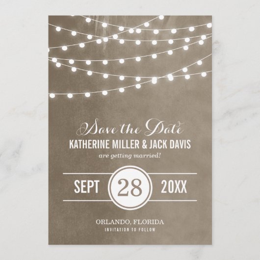 Taupe String Lights Save the Date Aankondiging (Voorkant)