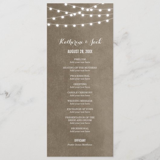 Taupe String Lights Trouwprogramma Programmakaart (Voorkant)
