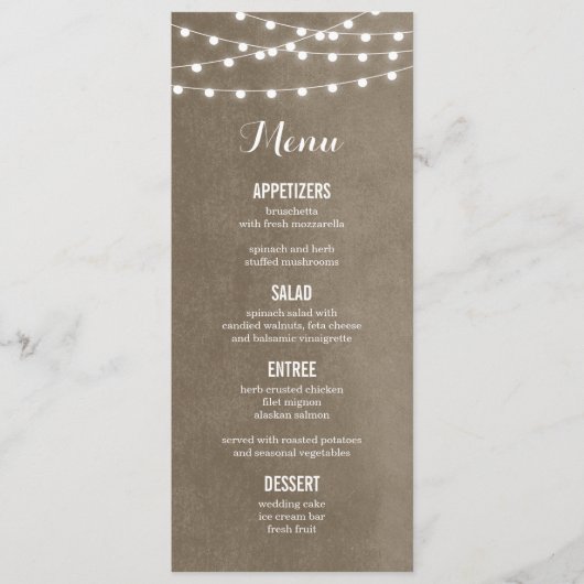 Taupe String Lights Wedding Menu Kaart (Voorkant)