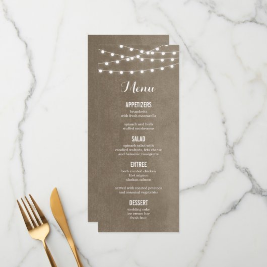 Taupe String Lights Wedding Menu Kaart (Voorkant / Achterkant in situ)