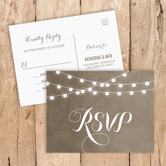 Taupe String Lights Wedding RSVP Briefkaart