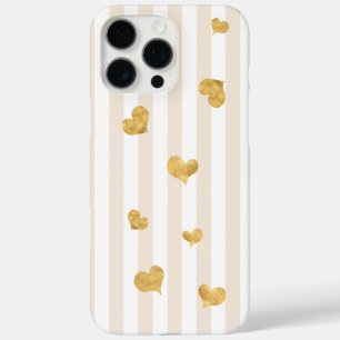 Taupe Tan Beige Stripe Gouden Harten iPhone 16 Pro Max Hoesje