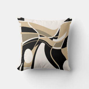 Taupe Tan Black op Off-White Swirling Art Motief Kussen