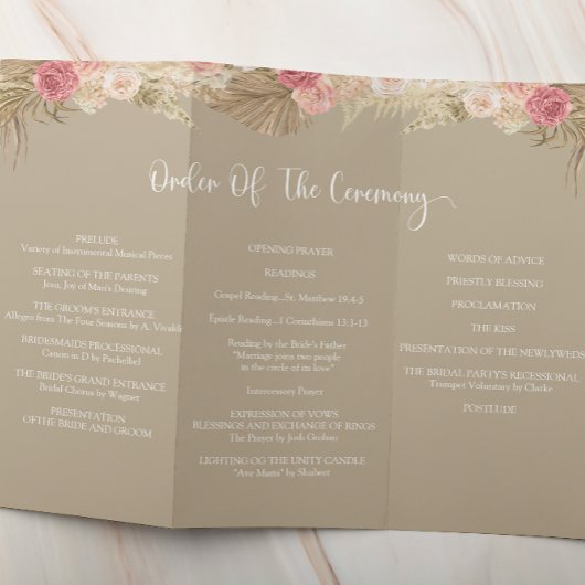 Taupe Tri-fold Boho bloemenbruiloft programma Flye Flyer