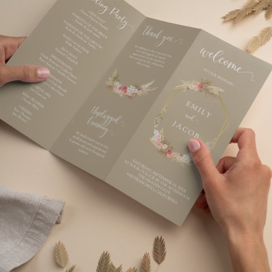 Taupe Tri-fold Boho bloemenbruiloft programma Flye Flyer