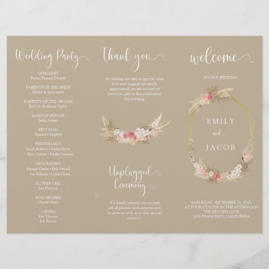 Taupe Tri-fold Boho bloemenbruiloft programma Flye Flyer (Voorkant)