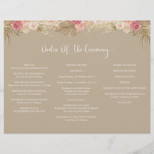 Taupe Tri-fold Boho bloemenbruiloft programma Flye Flyer (Achterkant)