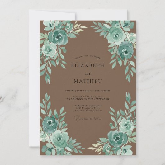 Taupe Turquoise Bloem Bruiloft Kaart (Voorkant)