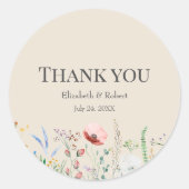 Taupe veldbloemweide bruiloft bedank sticker (Voorkant)