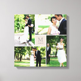 Taupe Vierkantig Raster Monogram Trouw 4 Foto Coll Canvas Afdruk