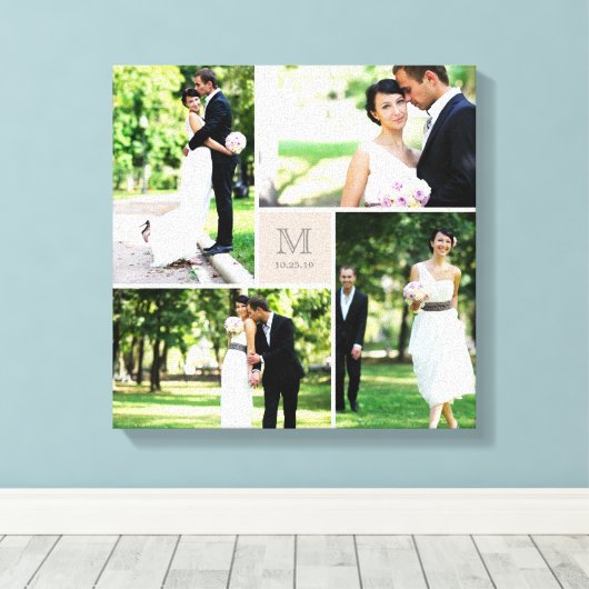 Taupe vierkantig rastermonogram trouwfoto collage canvas afdruk (Insitu (Houten vloer))