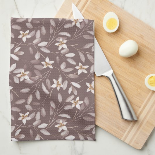 Taupe Watercolor Eucalyptus Floral  Theedoek (Quarter Fold)