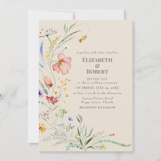 Taupe Waterverf Wildflower bruiloft uitnodiging (Voorkant)