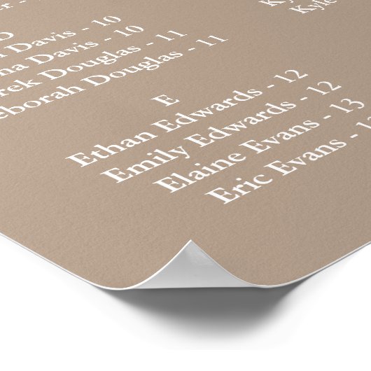Taupe Wedding Alphabetical Seating Chart Poster (Hoek)
