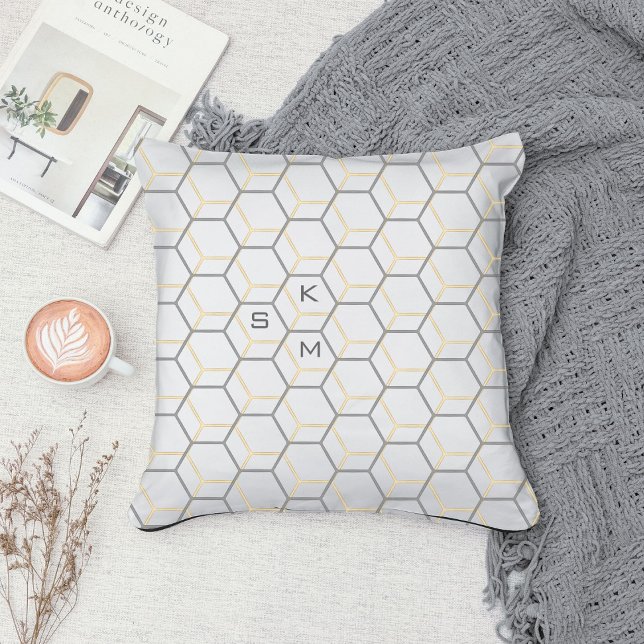 Taupe White Modern Abstract Geometric Monogrammed Kussen (Creator heeft geüpload)