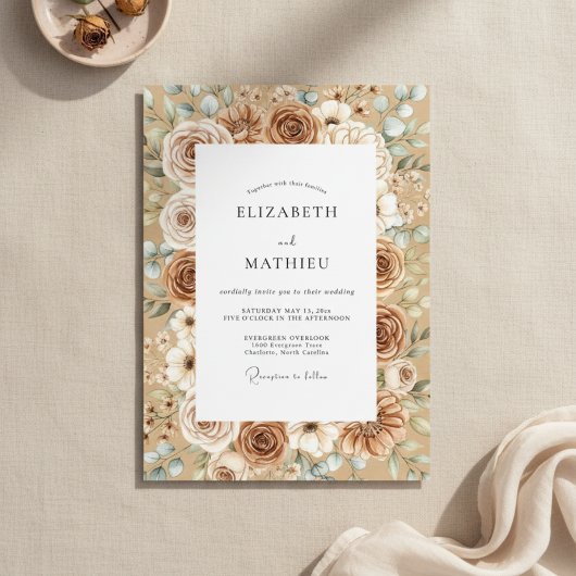 Taupe & White Rustic Bloom Wedding Kaart