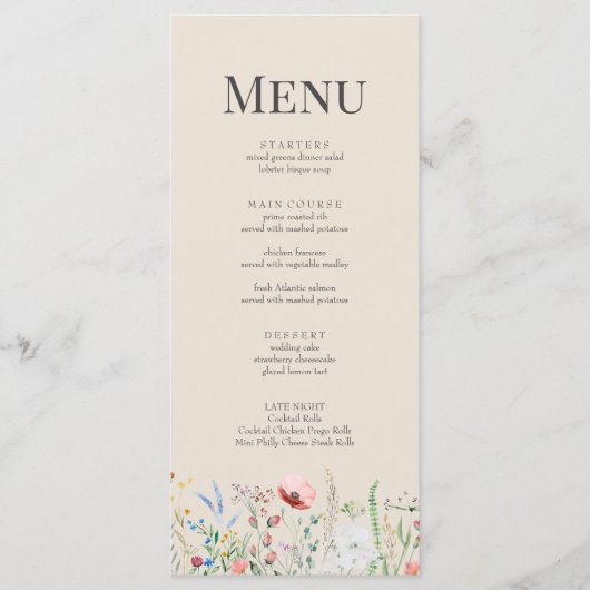 Taupe Wildflower Meadow Bruiloft Menu Kaart (Voorkant)