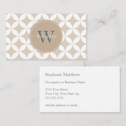 Taupe, wit en salie groen monogram visitekaartje (Voorkant / Achterkant)