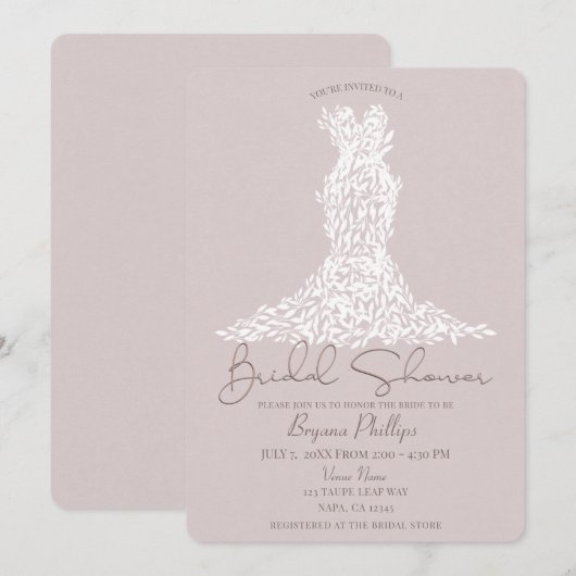 Taupe & Witte Bladeren Jurk Moderne Bruidsborrel Kaart (Voorkant / Achterkant)