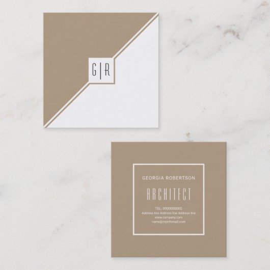 Taupe, witte driehoeken, monogram moderne geometri vierkante visitekaartje (Voorkant / Achterkant)