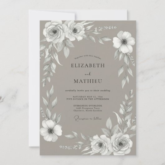 Taupe Witte Rozen Bruiloft Kaart (Voorkant)