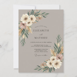 Taupe Zachte Crème Pampas Eucalyptus Bruiloft Kaart