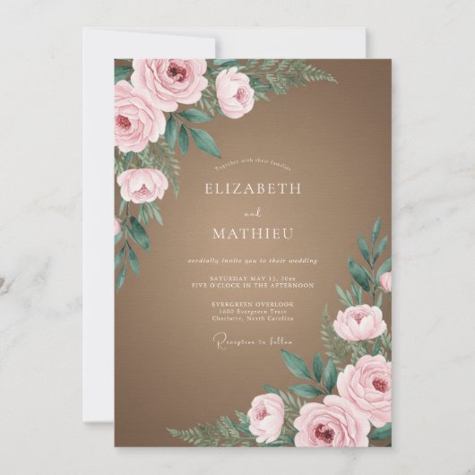 Taupe Zachte Roze Bloemblad Bruiloft Kaart (Voorkant)