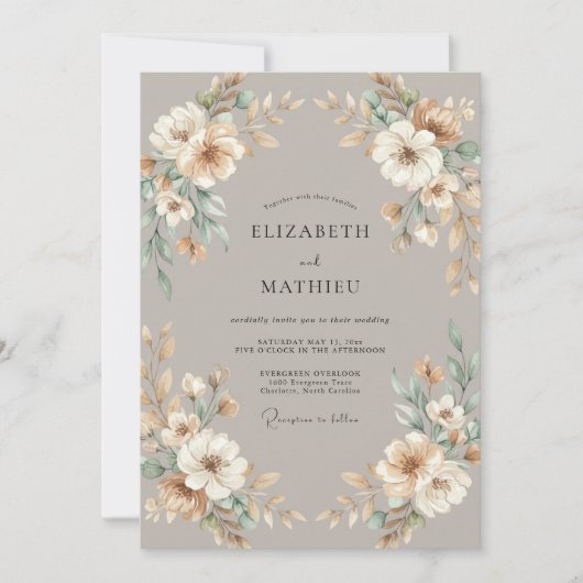 Taupe Zeeschuim Blad Bruiloft Kaart (Voorkant)