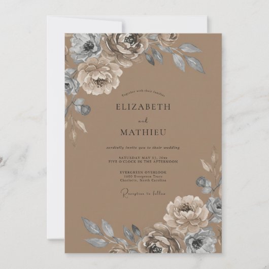 Taupe Zilver Ranunculus Eucalyptus Bruiloft Kaart (Voorkant)