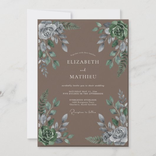 Taupe Zilveren Blad Bruiloft Kaart (Voorkant)