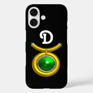 TAURUS/GOLD, GROEN EMERALD ZODIAC JEWEL MONOGRAM iPhone 16 HOESJE