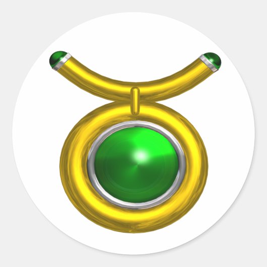 TAURUS/GOLD, GROEN EMERALD ZODIAC SIGN JEWEL RONDE STICKER (Voorkant)