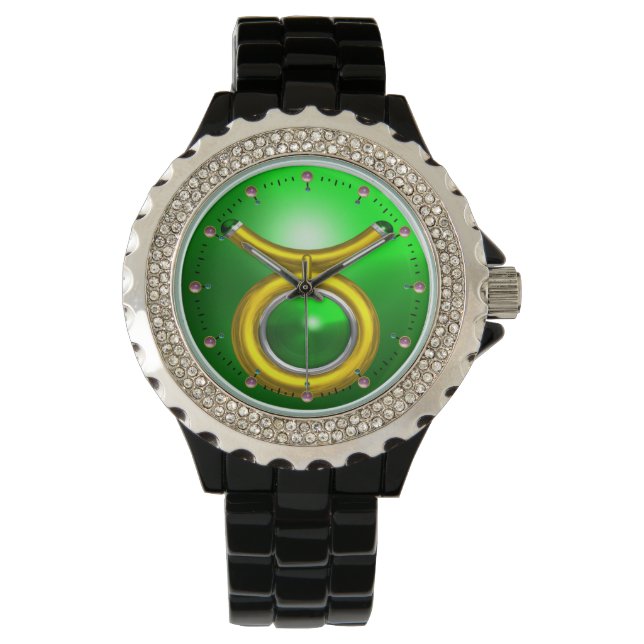 TAURUS GOLD ZODIAC BIRTHDAY JEWEL, Green Emerald Horloge (Voorkant)