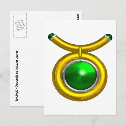 TAURUS / GOUD, GROENE SMARAGD ZODIAC VERJAARDAG JU BRIEFKAART (Voorkant / Achterkant)