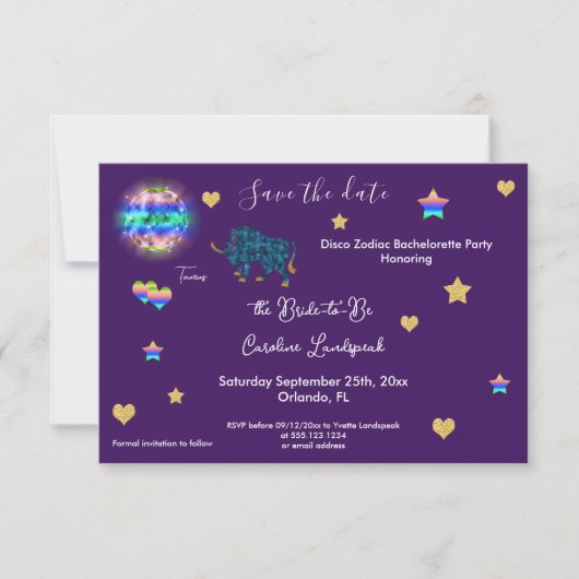 Taurus Sign. & Disco Ball Bachelorette Party Save The Date (Voorkant)