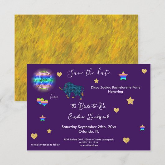 Taurus Sign. & Disco Ball Bachelorette Party Save The Date (Voorkant / Achterkant)