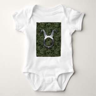 Taurus Sign on Woodland Green Digital Camouflage Romper