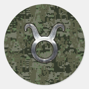 Taurus Sign on Woodland Green Digital Camouflage Ronde Sticker