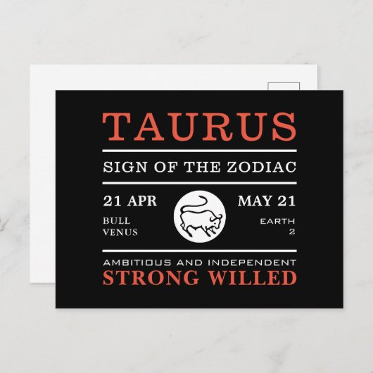 Taurus Sign van de Zodiac, Astrologisch Briefkaart (Voorkant / Achterkant)