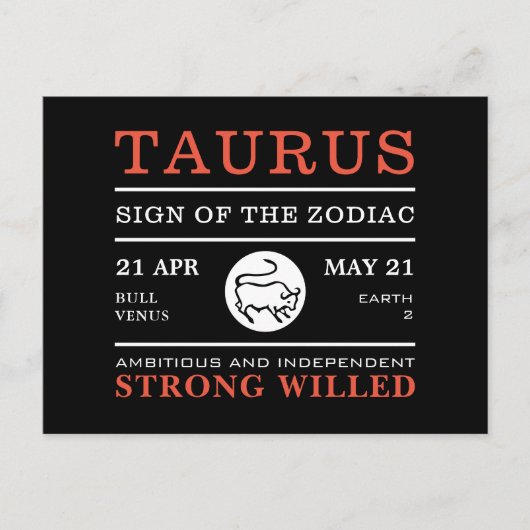 Taurus Sign van de Zodiac, Astrologisch Briefkaart (Voorkant)