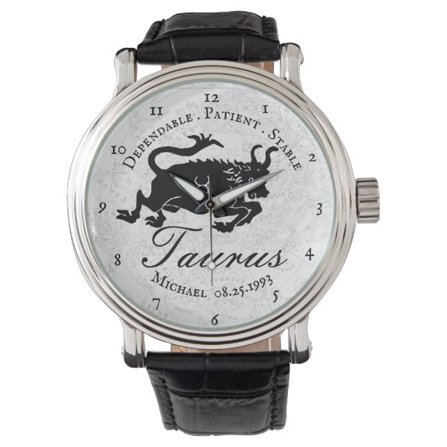 Taurus Zodiac Black White Astrology Traits Custom Horloge (Voorkant)