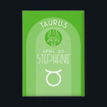 Taurus Zodiac Custom Verjaardag Foto Astrologie Button<br><div class="desc">Personaliseer deze knop met een geboortedatum en naam. Een aangepast ontwerp met het sterrenbeeld - Stier - plus persoonlijkheidskenmerken, informatie en sterrenbeeld. Een frisse groene kleur - geassocieerd met Stier is het belangrijkste ontwerp achter alle details van de dierenriem. Een geweldig cadeau voor een vriend of om gewoon "jij" te...</div>