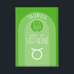 Taurus Zodiac Custom Verjaardag Foto Astrologie Button<br><div class="desc">Personaliseer deze knop met een geboortedatum en naam. Een aangepast ontwerp met het sterrenbeeld - Stier - plus persoonlijkheidskenmerken, informatie en sterrenbeeld. Een frisse groene kleur - geassocieerd met Stier is het belangrijkste ontwerp achter alle details van de dierenriem. Een geweldig cadeau voor een vriend of om gewoon "jij" te...</div>