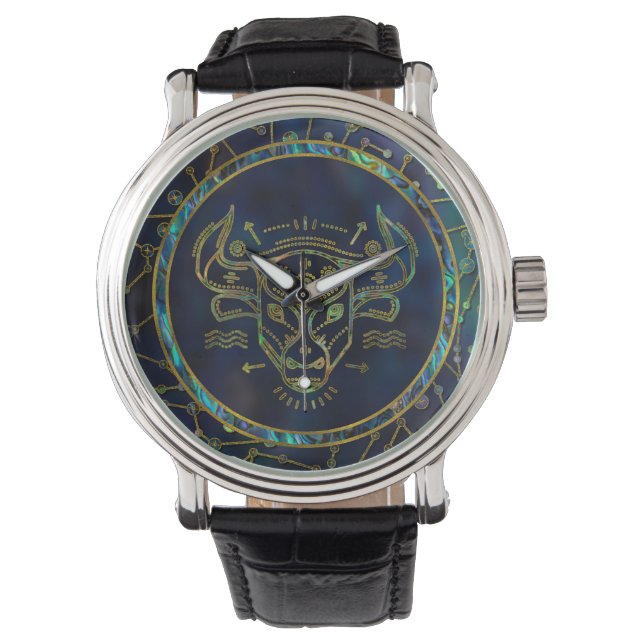 Taurus Zodiac Gold Abalone op constellatie Horloge (Voorkant)